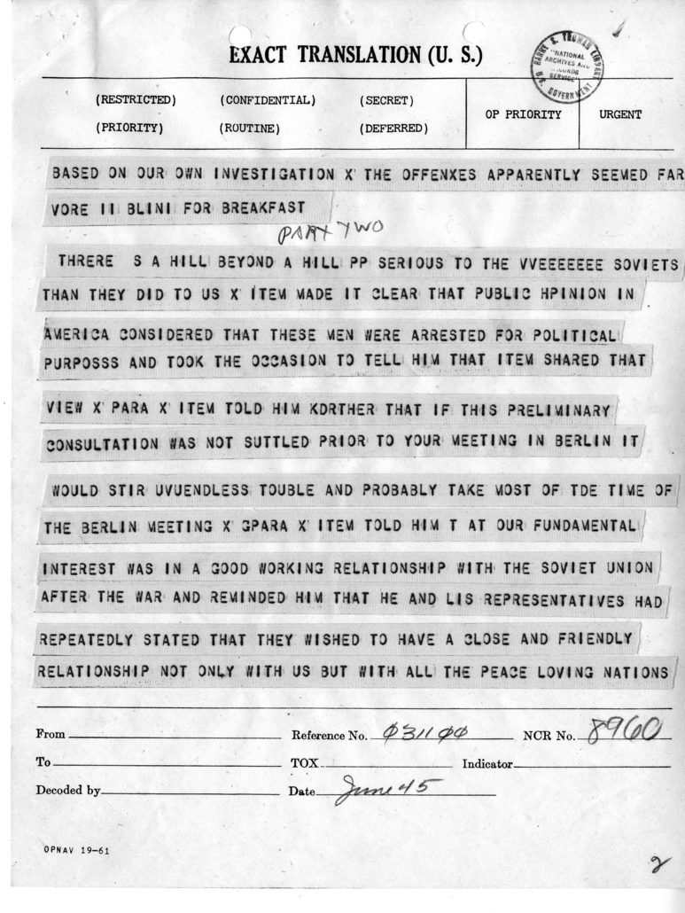 Telegram from Harry Hopkins to President Harry S. Truman