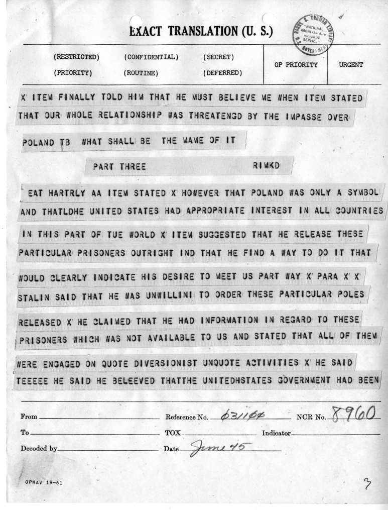 Telegram from Harry Hopkins to President Harry S. Truman