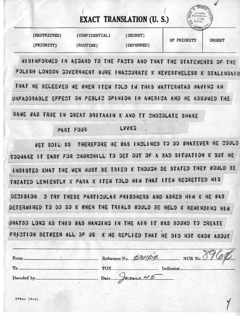 Telegram from Harry Hopkins to President Harry S. Truman