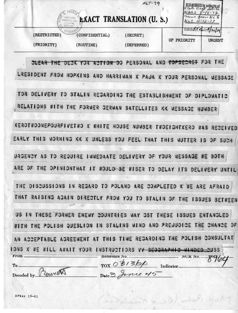 Telegram from Harry Hopkins and Ambassador Averell Harriman to President Harry S. Truman