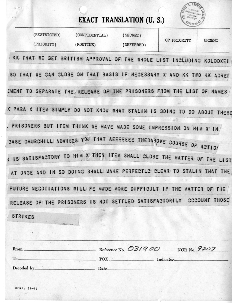 Telegram from Harry Hopkins to President Harry S. Truman