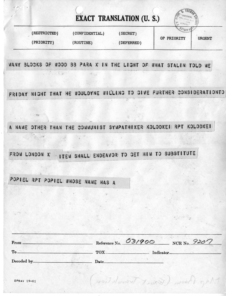 Telegram from Harry Hopkins to President Harry S. Truman