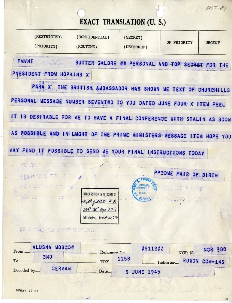 Telegram from Harry Hopkins to President Harry S. Truman