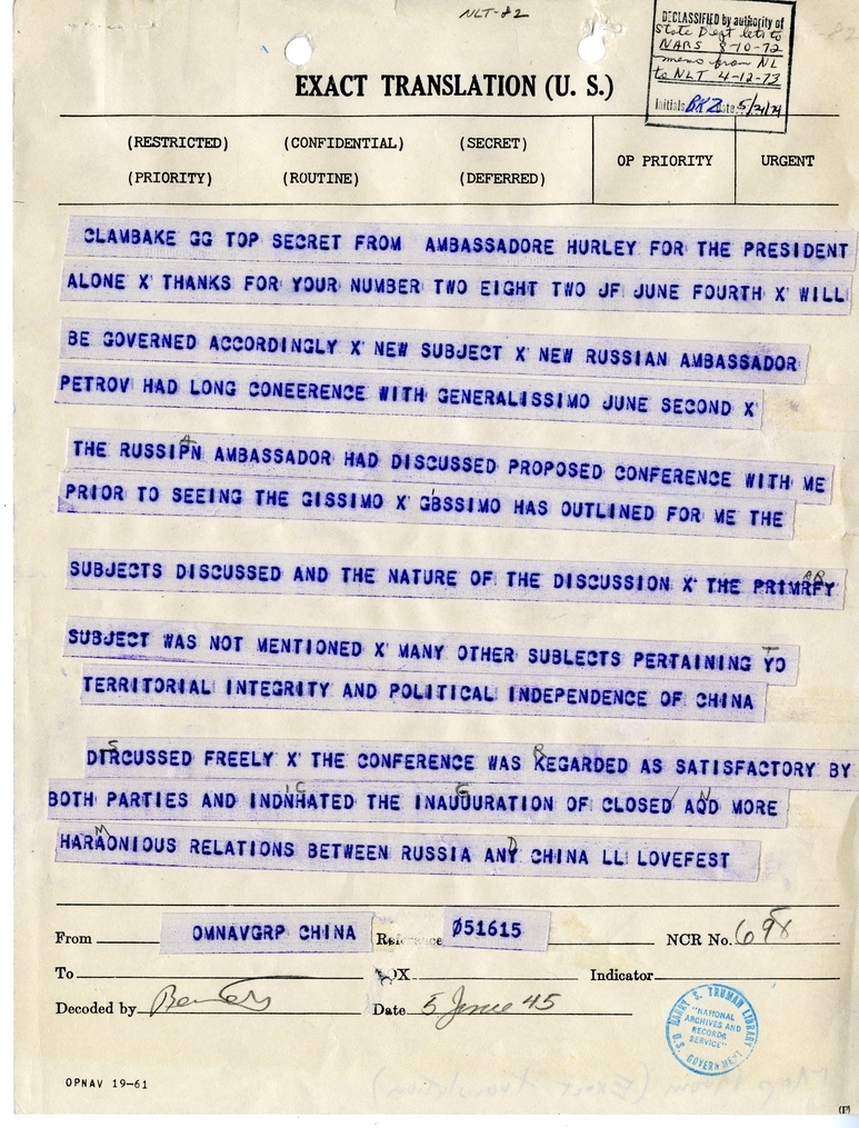 Telegram from Ambassador Patrick J. Hurley to President Harry S. Truman