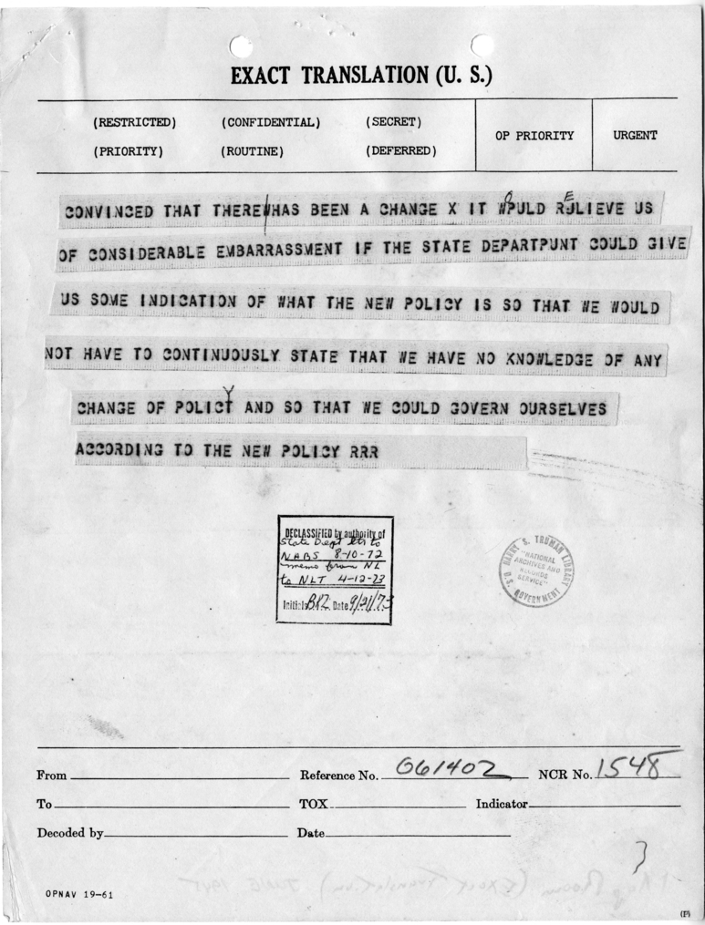 Telegram from Ambassador Patrick J. Hurley to Acting Secretary of State Joseph Grew