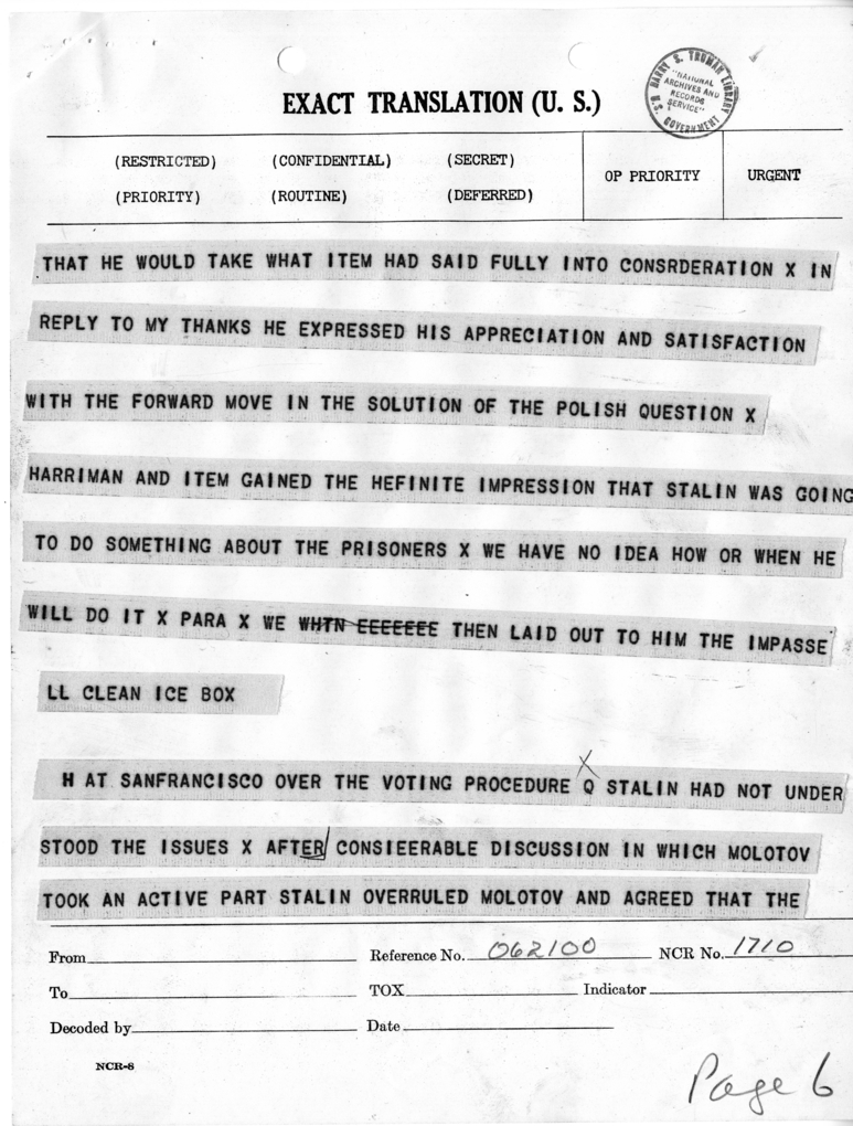 Telegram from Harry Hopkins to President Harry S. Truman