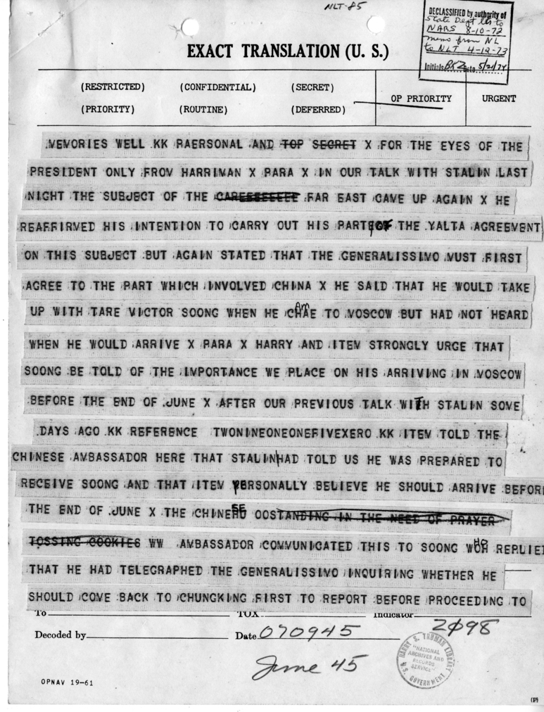 Telegram from Ambassador Averell Harriman to President Harry S. Truman