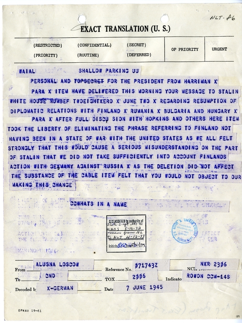 Telegram from Ambassador Averell Harriman to President Harry S. Truman