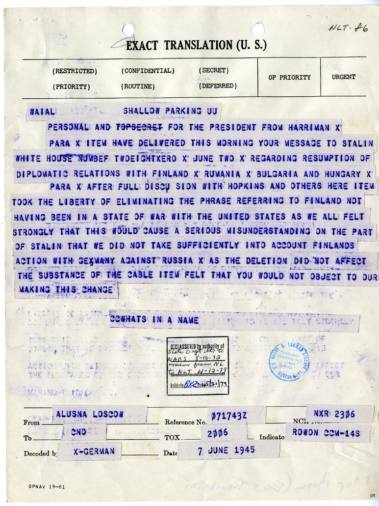 Telegram from Ambassador Averell Harriman to President Harry S. Truman