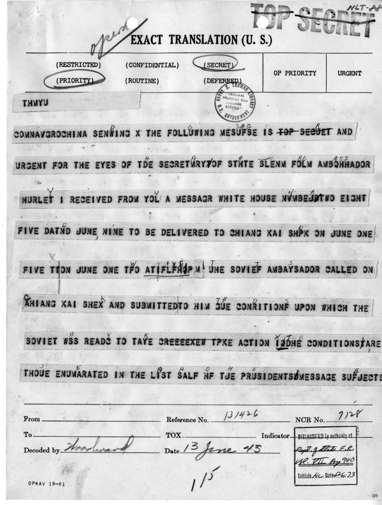 Telegram from Ambassador Patrick J. Hurley to Secretary of State Edward R. Stettinius