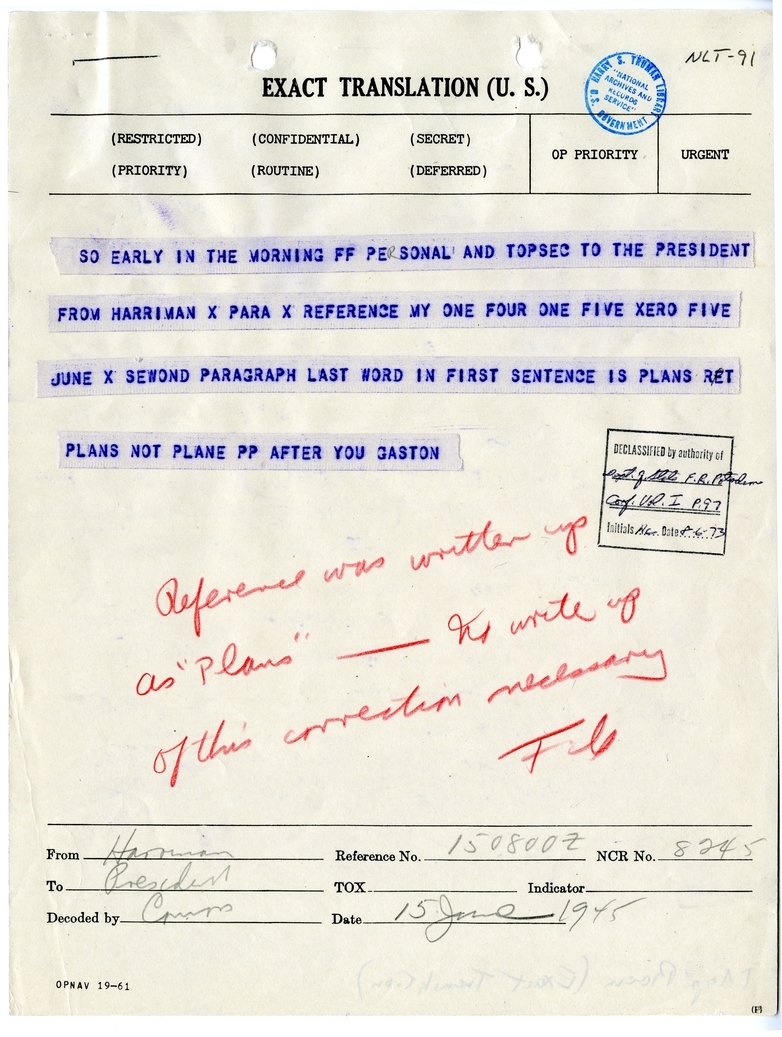 Telegram from Ambassador Averell Harriman to President Harry S. Truman