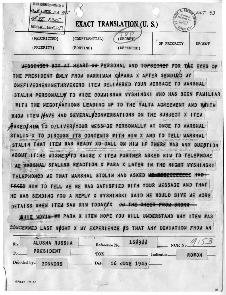 Telegram from Ambassador Averell Harriman to President Harry S. Truman