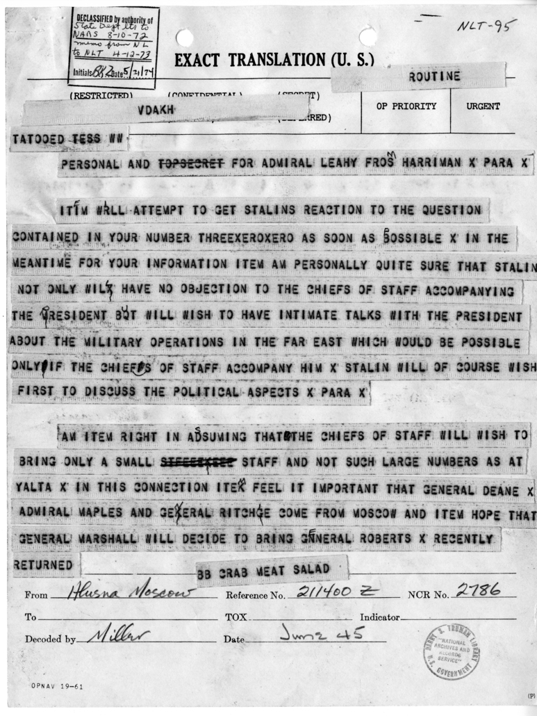 Telegram from Ambassador Averell Harriman to Admiral William D. Leahy