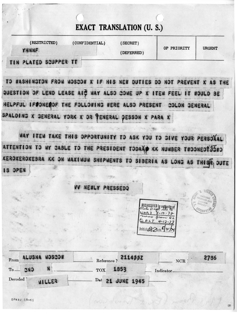 Telegram from Ambassador Averell Harriman to Admiral William D. Leahy