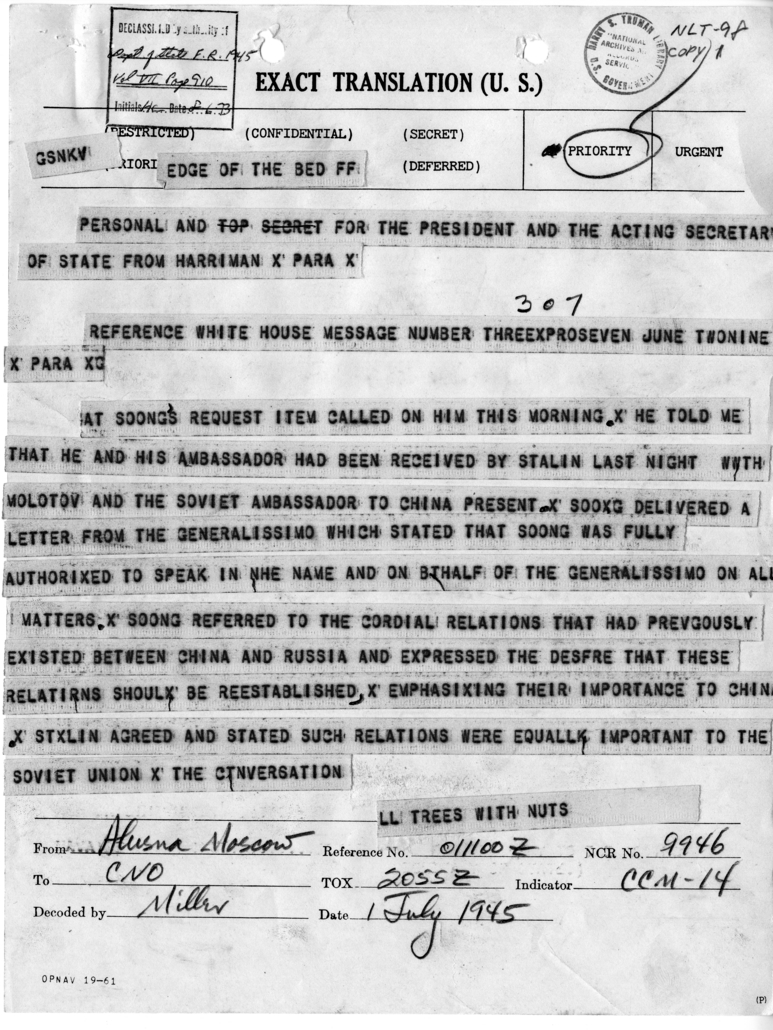 Telegram from Ambassador Averell Harriman to President Harry S. Truman and Acting Secretary of State Joseph Grew