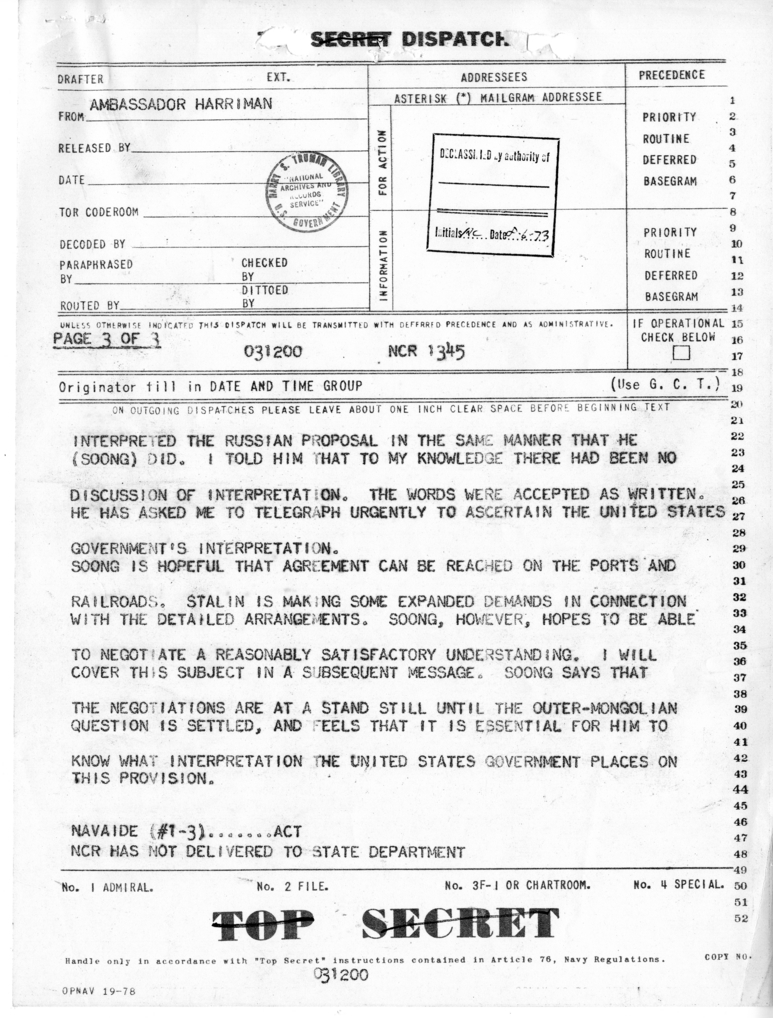 Telegram from Ambassador Averell Harriman to President Harry S. Truman and Secretary of State James Byrnes