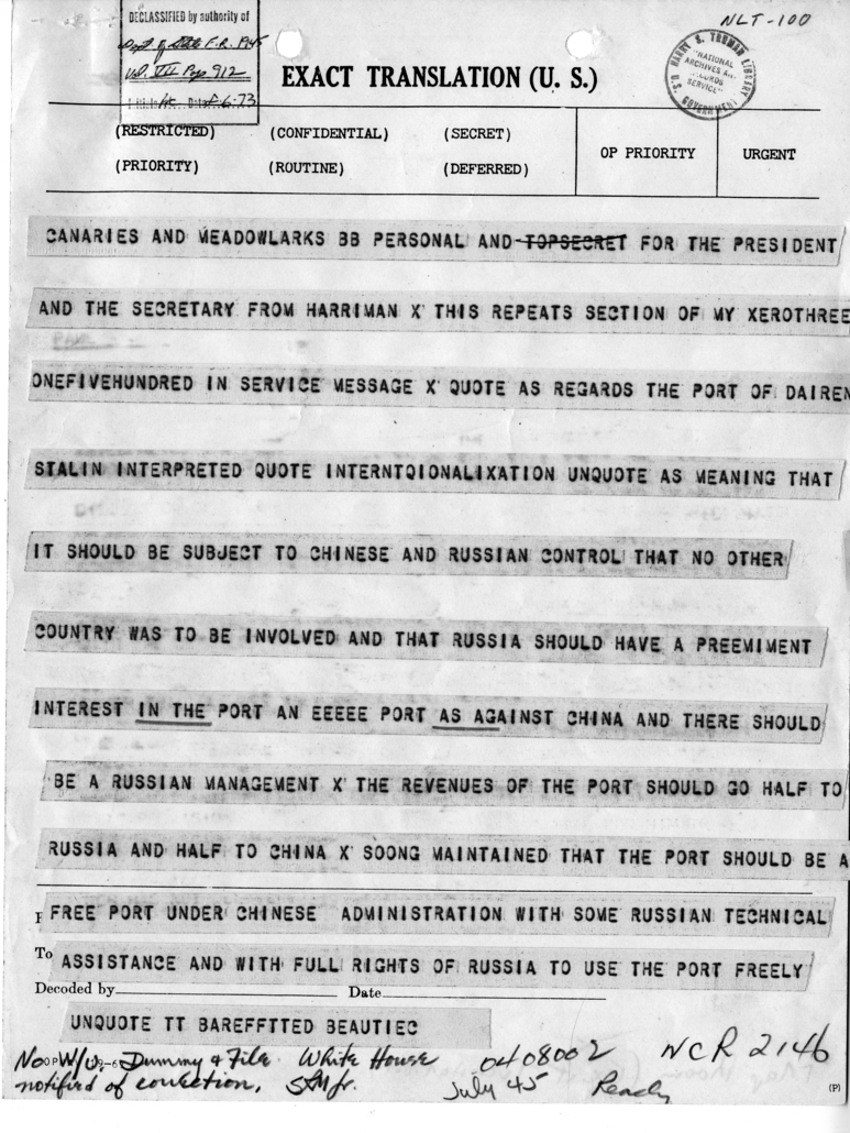 Telegram from Ambassador Averell Harriman to President Harry S. Truman and Secretary of State James Byrnes