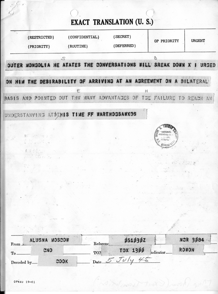 Telegram from Ambassador Averell Harriman to President Harry S. Truman and Secretary of State James Byrnes