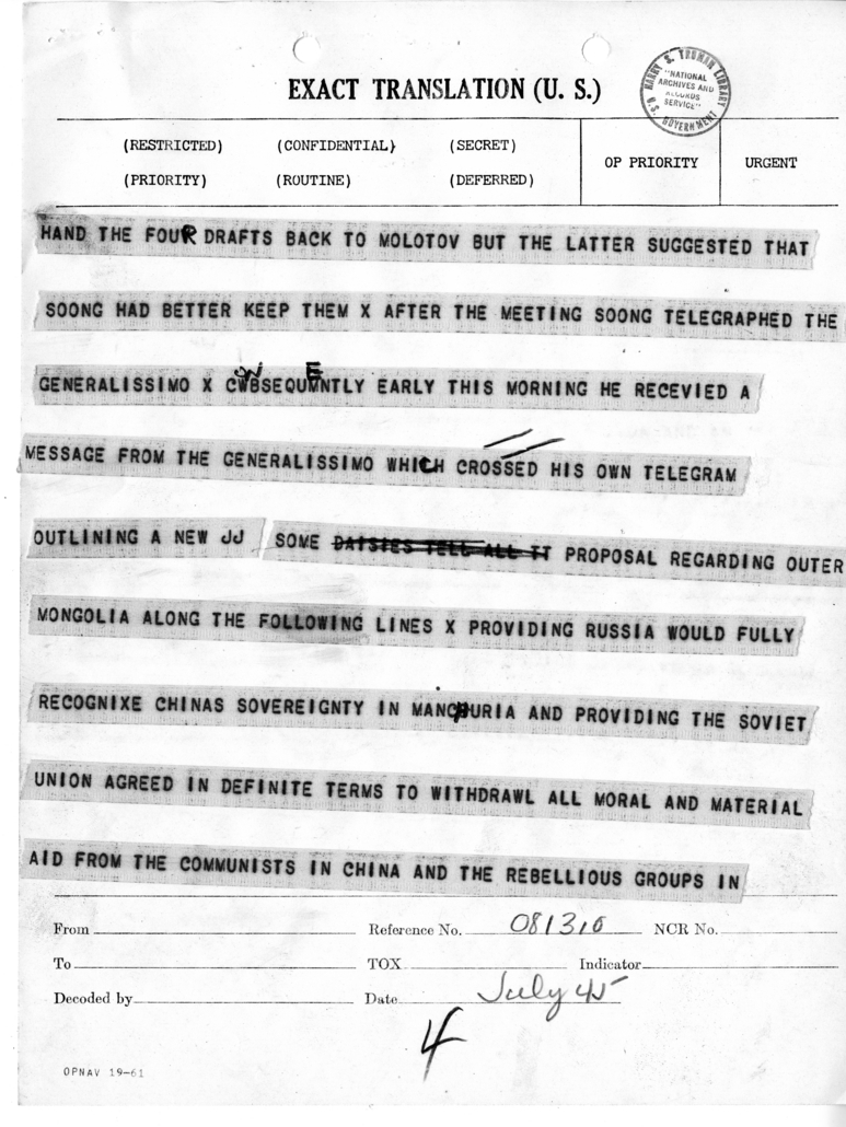 Telegram from Ambassador Averell Harriman to President Harry S. Truman and Secretary of State James Byrnes