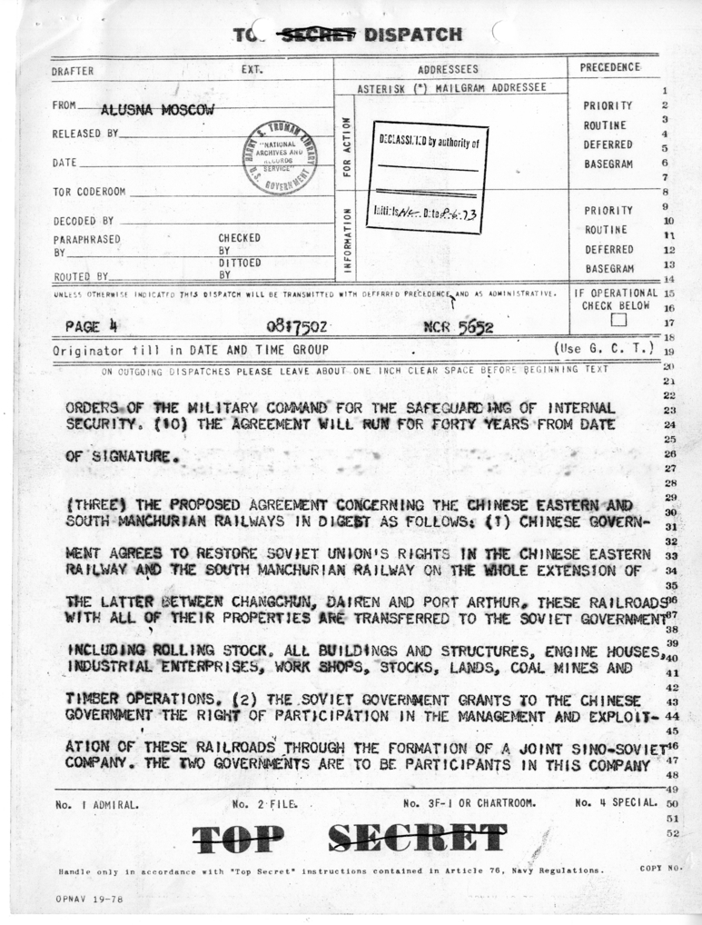 Telegram from Ambassador Averell Harriman to President Harry S. Truman and Secretary of State James Byrnes