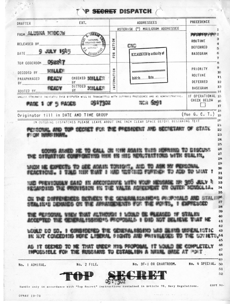 Telegram from Ambassador Averell Harriman to President Harry S. Truman and Secretary of State James Byrnes