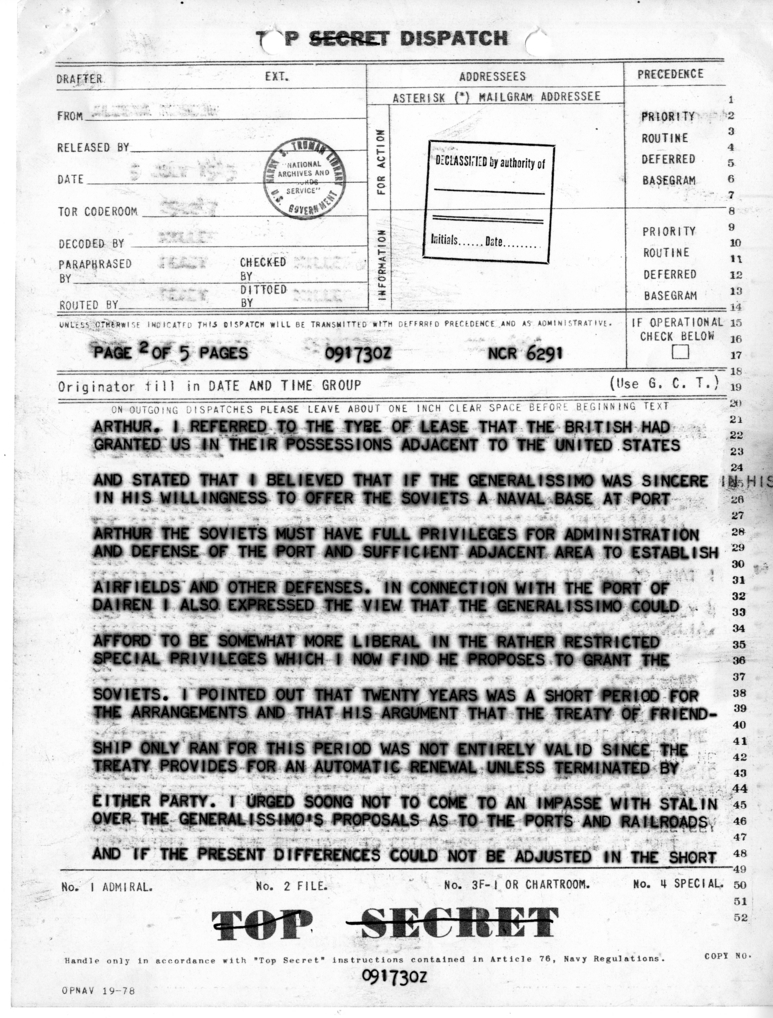 Telegram from Ambassador Averell Harriman to President Harry S. Truman and Secretary of State James Byrnes
