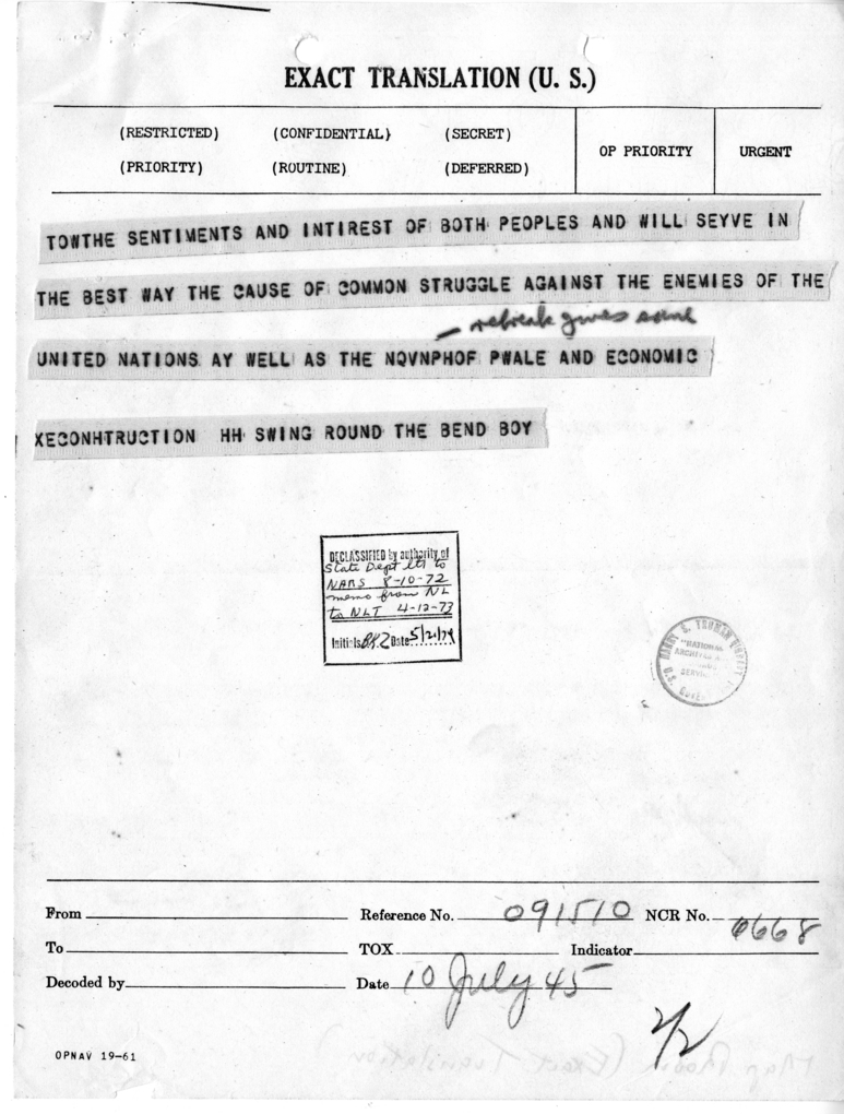 Telegram from Ambassador Averell Harriman to President Harry S. Truman and Secretary of State James Byrnes