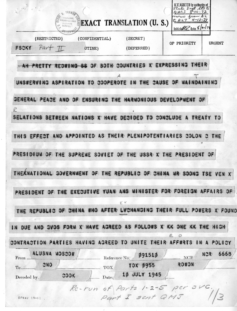 Telegram from Ambassador Averell Harriman to President Harry S. Truman and Secretary of State James Byrnes