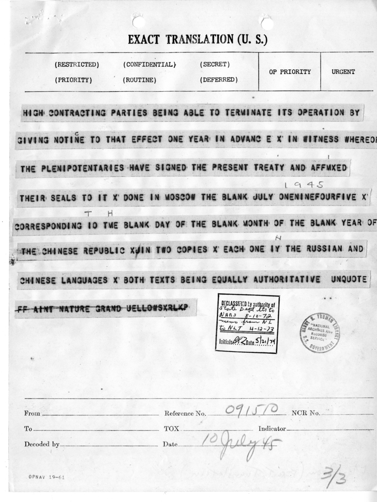 Telegram from Ambassador Averell Harriman to President Harry S. Truman and Secretary of State James Byrnes