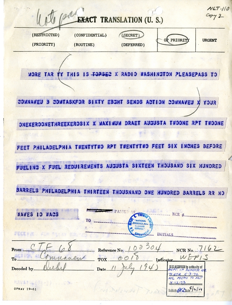 Telegram from the Commander of the United States Naval Forces in Europe
