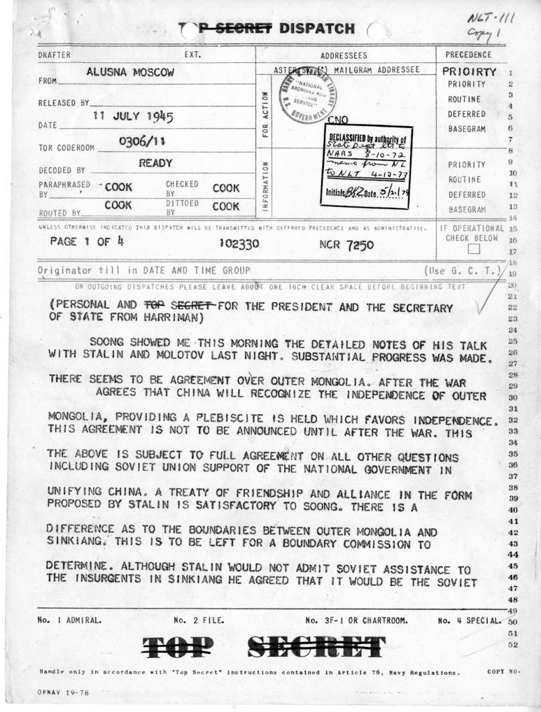 Telegram from Ambassador Averell Harriman to President Harry S. Truman and Secretary of State James Byrnes