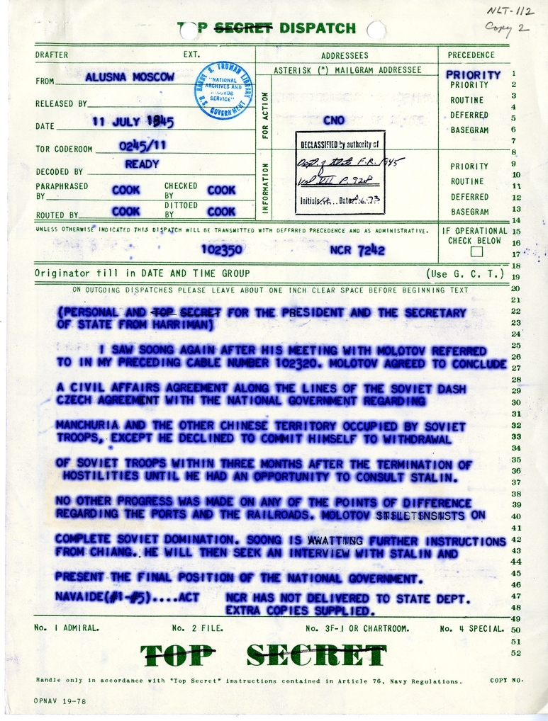 Telegram from Ambassador Averell Harriman to President Harry S. Truman and Secretary of State James Byrnes