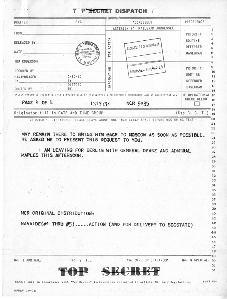 Telegram from Ambassador Averell Harriman to President Harry S. Truman and Secretary of State James Byrnes