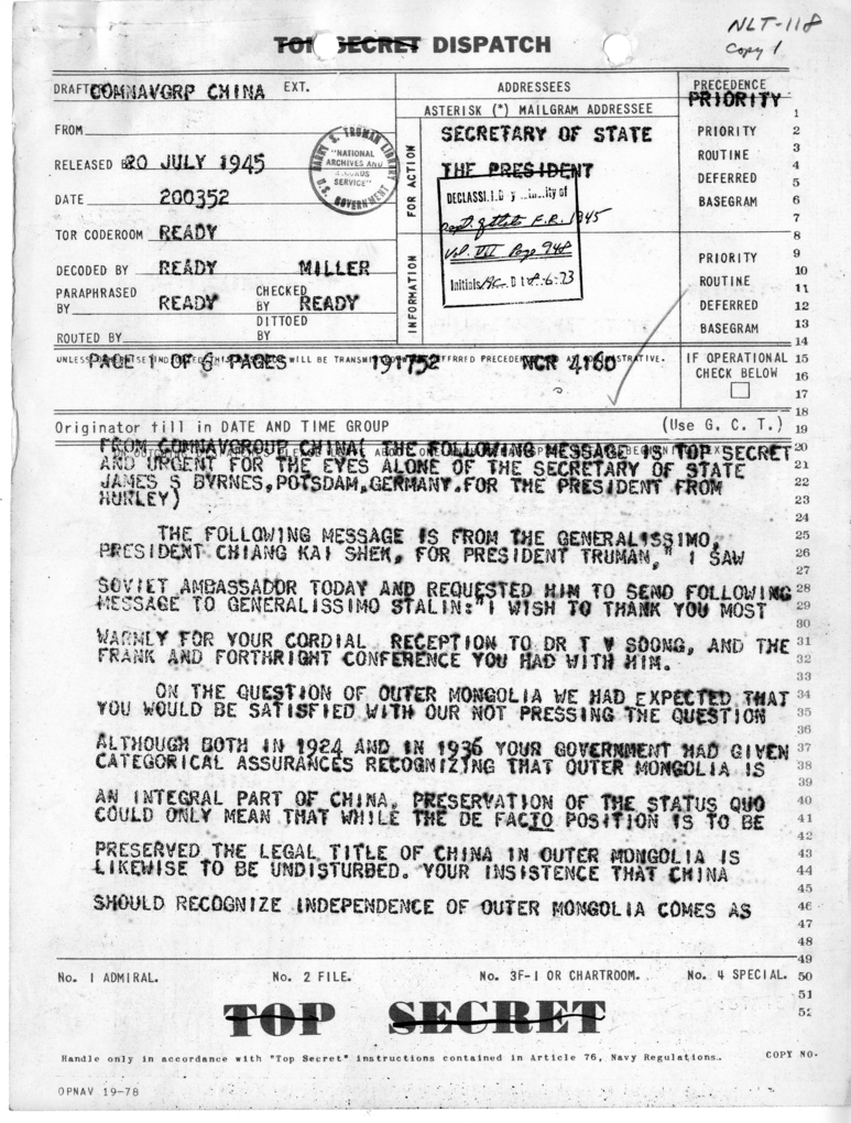 Telegram from Ambassador Patrick J. Hurley to President Harry S. Truman and Secretary of State James Byrnes