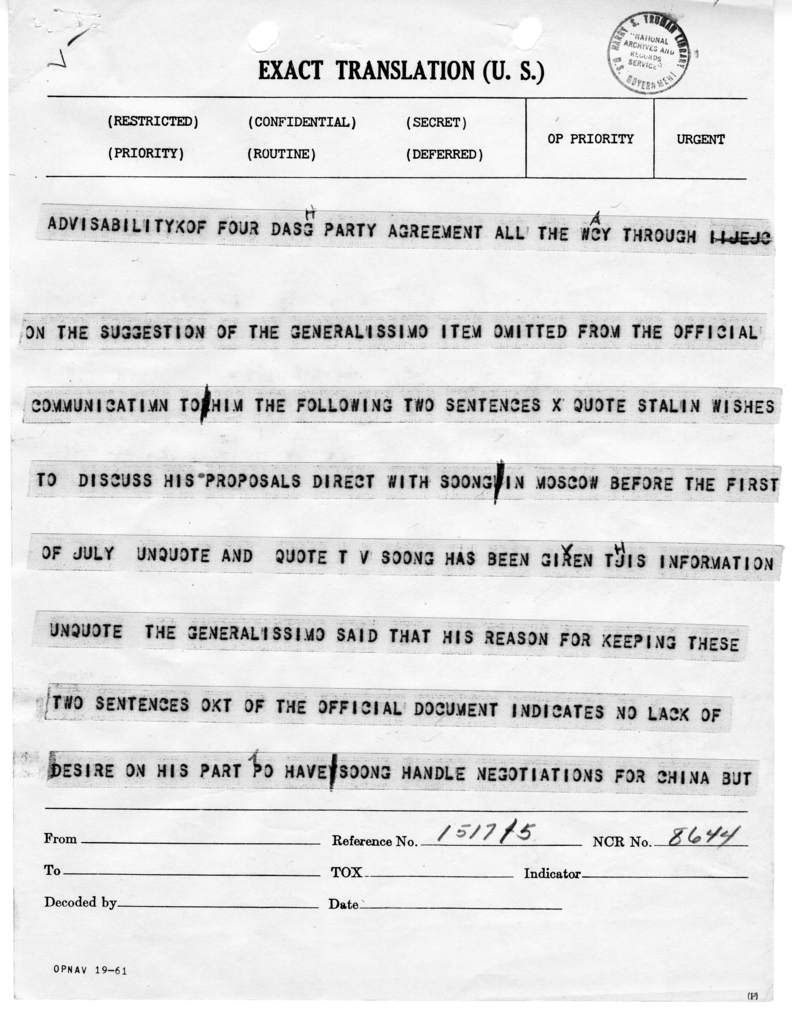 Telegram from Ambassador Patrick J. Hurley to President Harry S. Truman and Secretary of State James Byrnes