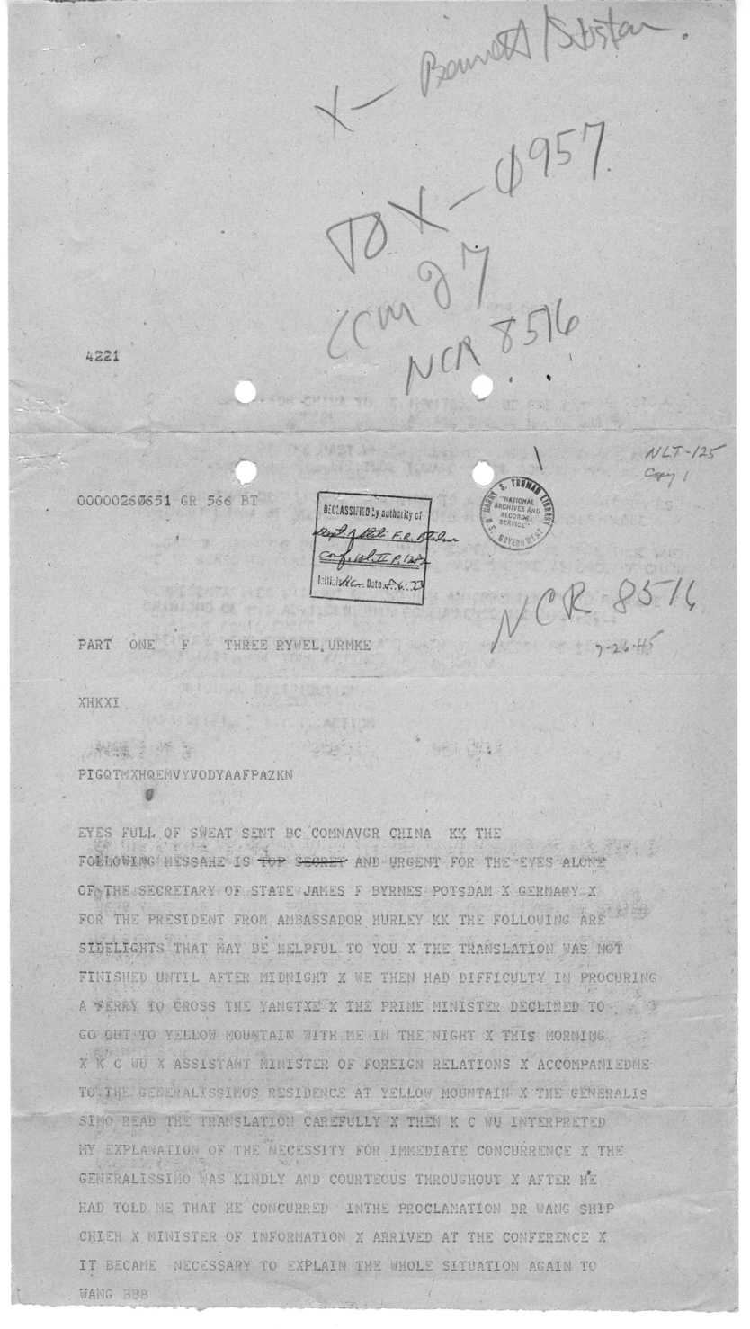 Telegram from Ambassador Patrick J. Hurley to President Harry S. Truman and Secretary of State James Byrnes
