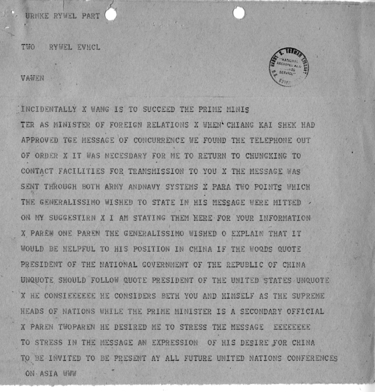 Telegram from Ambassador Patrick J. Hurley to President Harry S. Truman and Secretary of State James Byrnes