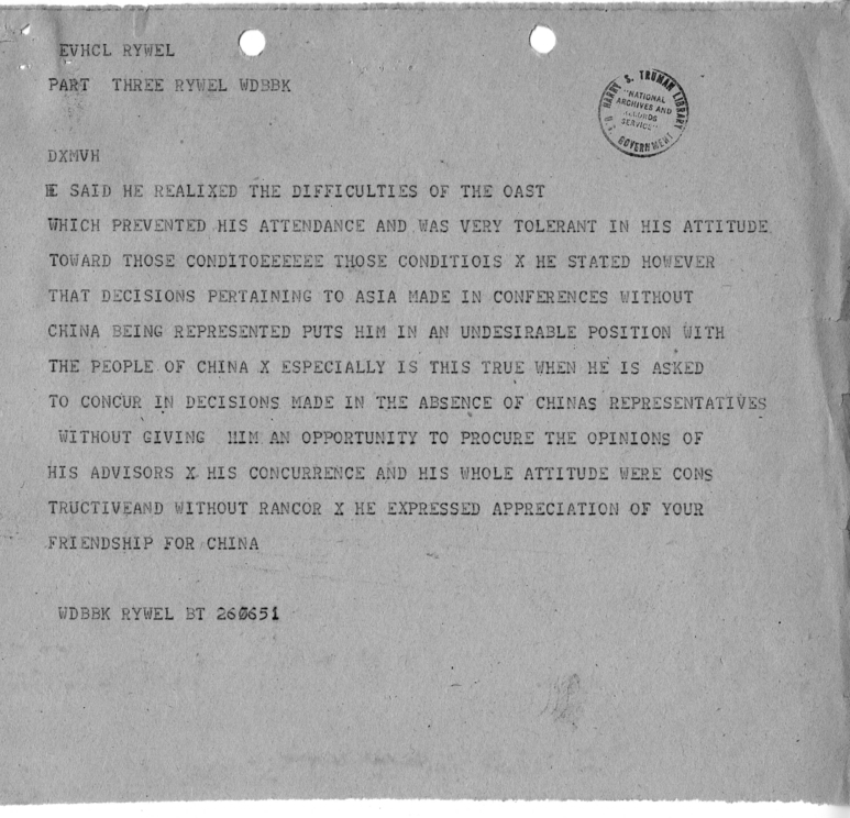 Telegram from Ambassador Patrick J. Hurley to President Harry S. Truman and Secretary of State James Byrnes