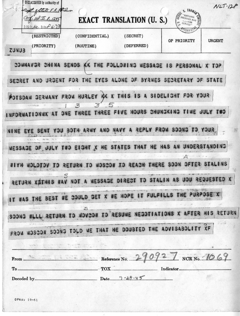 Telegram from Ambassador Patrick J. Hurley to Secretary of State James Byrnes