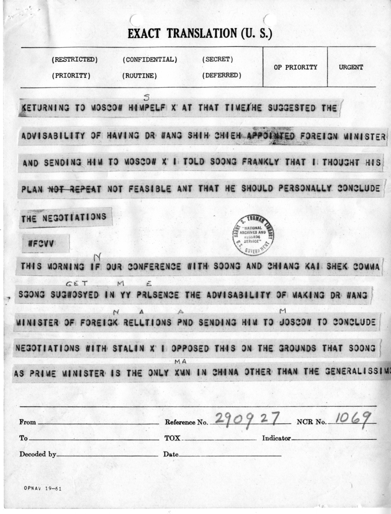 Telegram from Ambassador Patrick J. Hurley to Secretary of State James Byrnes