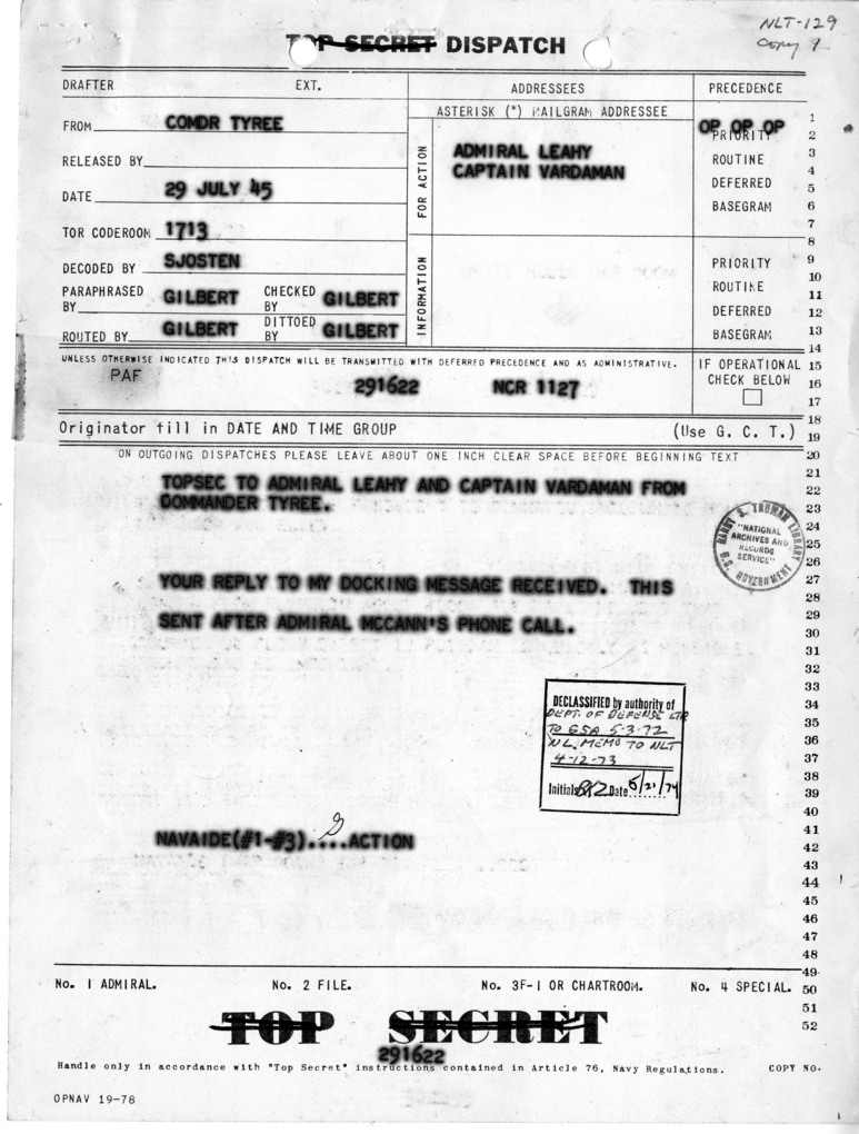 Telegram from Commander John A. Tyree to Admiral William Leahy and Captain James K. Vardaman