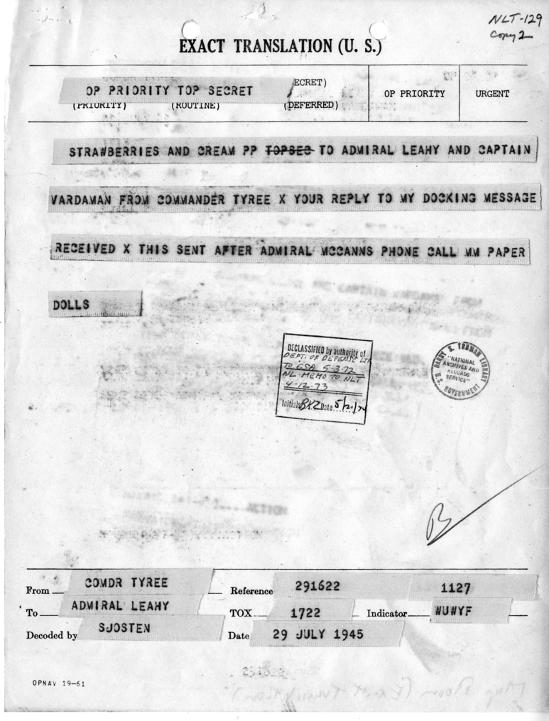 Telegram from Commander John A. Tyree to Admiral William D. Leahy and Captain James K. Vardaman