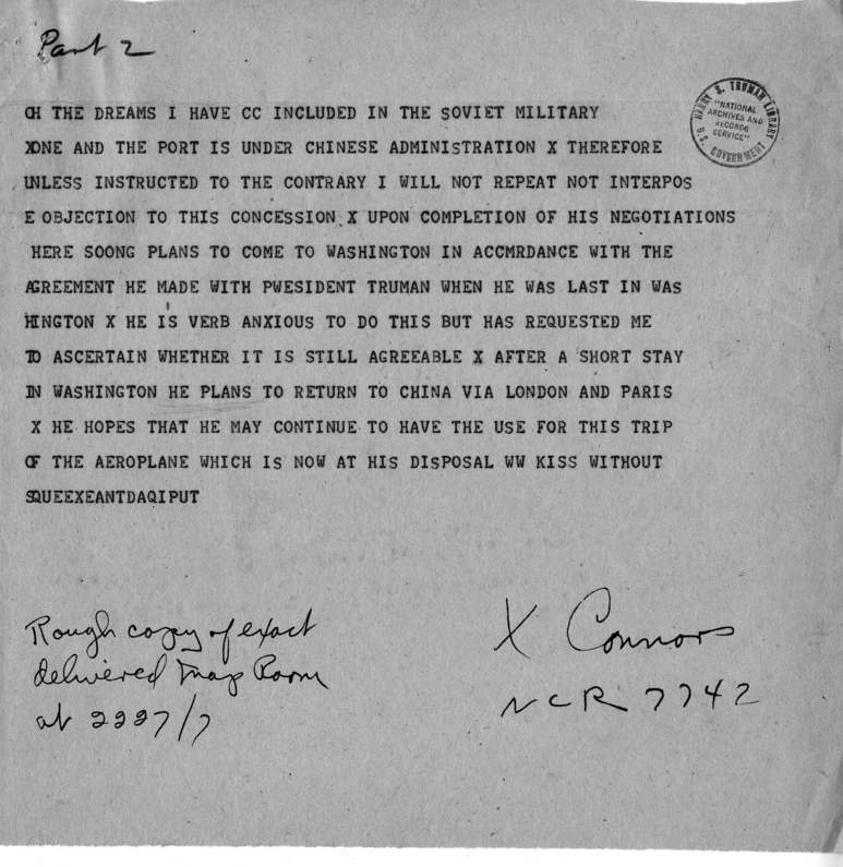 Telegram from Ambassador Averell Harriman to President Harry S. Truman and Secretary of State James Byrnes