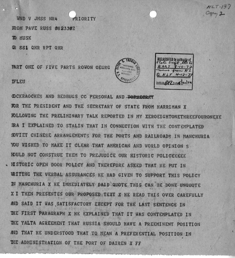 Telegram from Ambassador Averell Harriman to President Harry S. Truman and Secretary of State James Byrnes