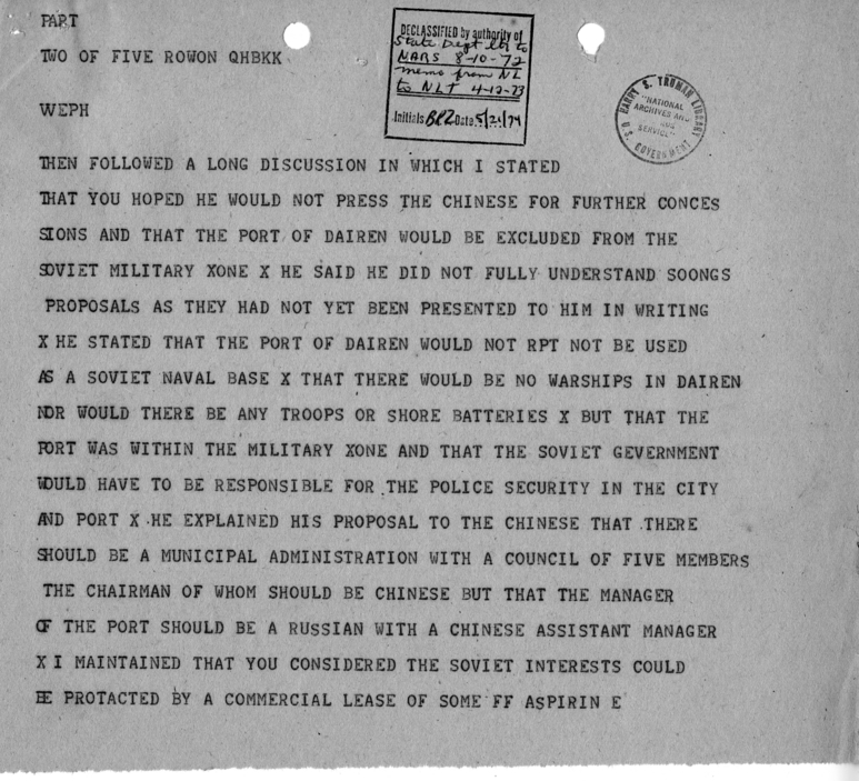 Telegram from Ambassador Averell Harriman to President Harry S. Truman and Secretary of State James Byrnes