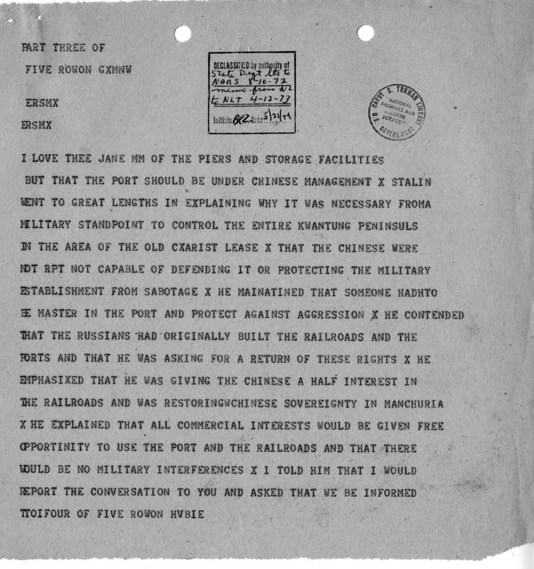 Telegram from Ambassador Averell Harriman to President Harry S. Truman and Secretary of State James Byrnes