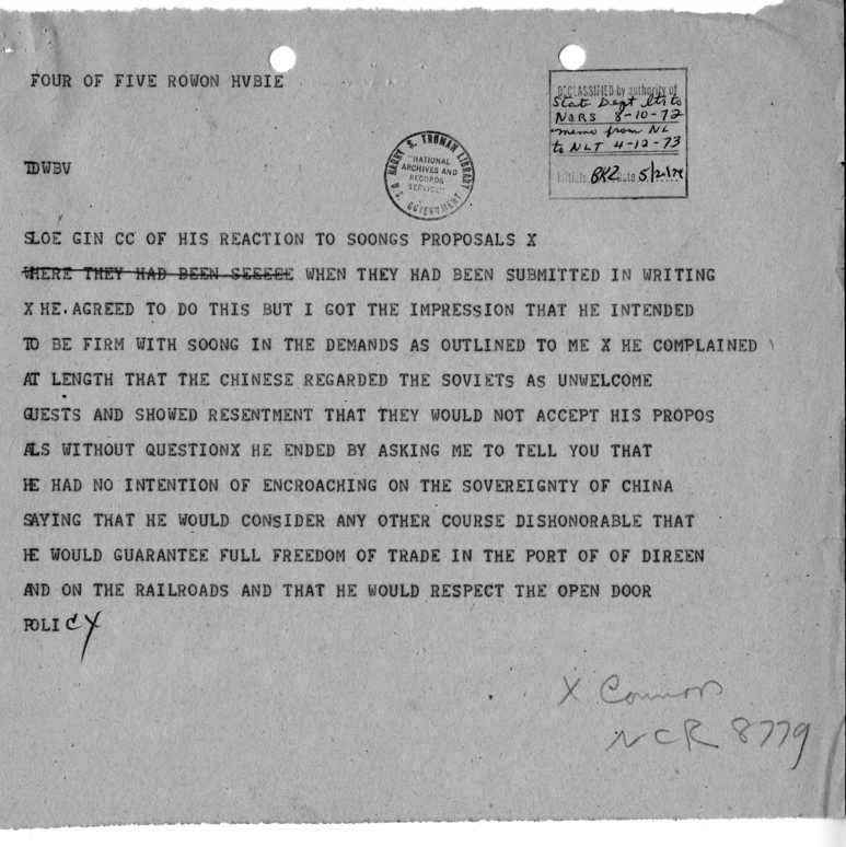 Telegram from Ambassador Averell Harriman to President Harry S. Truman and Secretary of State James Byrnes