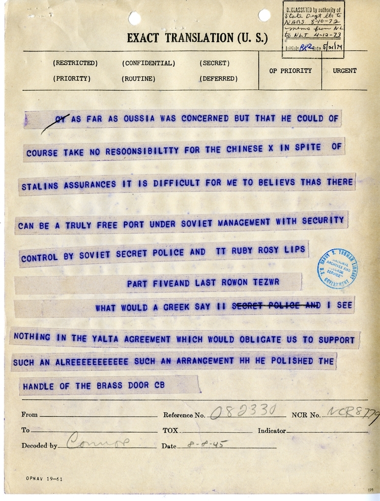 Telegram from Ambassador Averell Harriman to President Harry S. Truman and Secretary of State James Byrnes