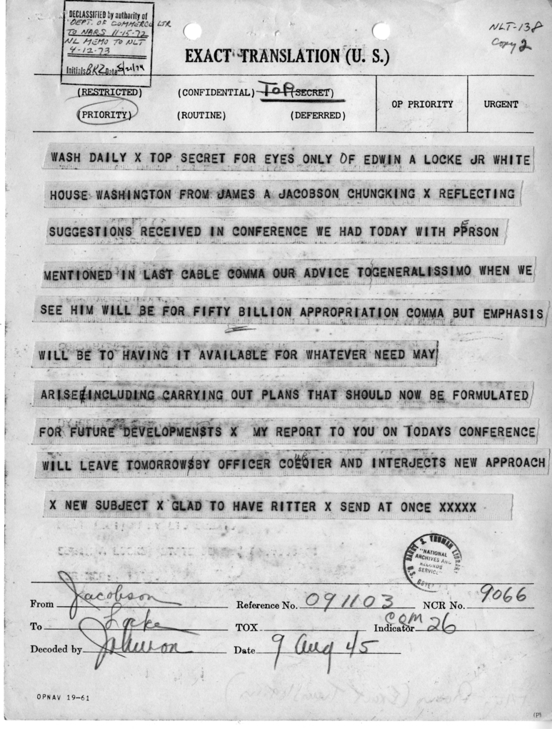 Telegram from James A. Jacobson to Edwin A. Locke, Jr.