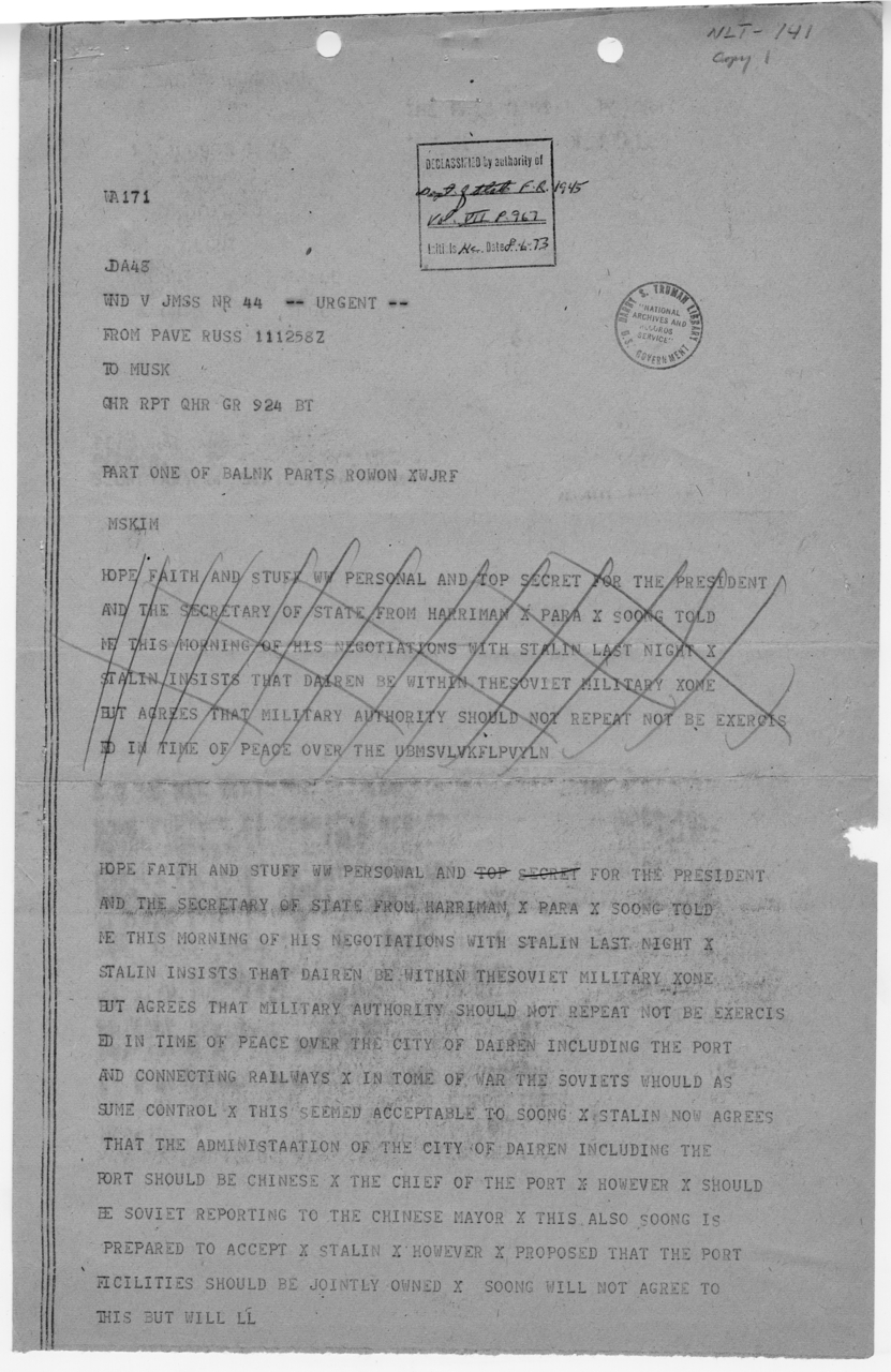 Telegram from Ambassador Averell Harriman to President Harry S. Truman and Secretary of State James Byrnes